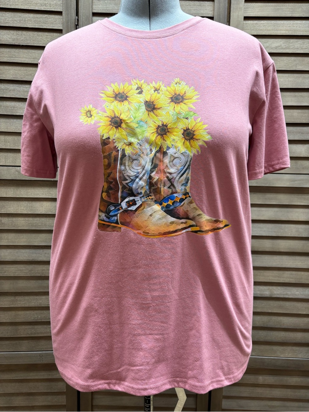 Pink Women's Graphic Tee with Cowboy Boots & Sunflowers